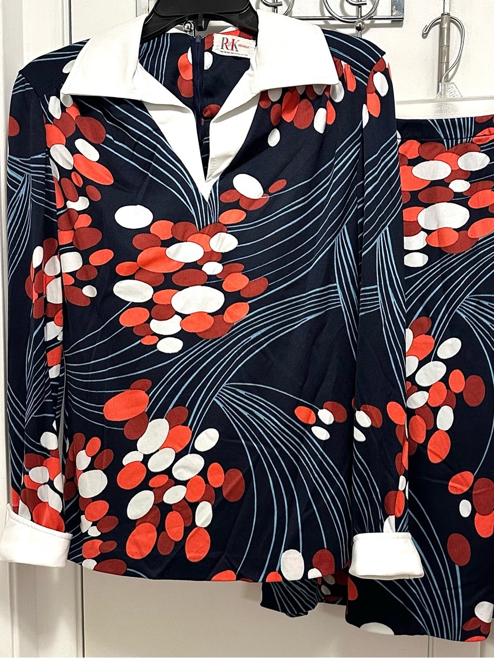 Vintage 70s R&K Originals Mod Outfit S Shirt Top & Skirt Set 2pc Navy Red Orange